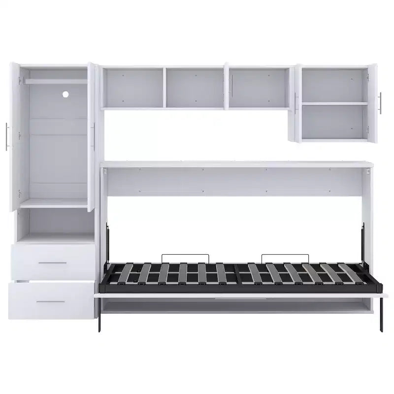 Cama escamoteável de solteiro com estrutura de cama de parede, armário de madeira com roupeiro integrado, gavetas de arrumação e prateleiras abertas, branco -ModernLuxe