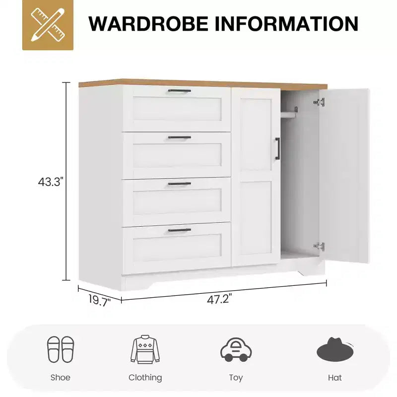 43,3 Zoll hoher Kleiderschrank aus Holz mit 4 Schubladen und Kleiderstange, multifunktionaler Aufbewahrungsschrank und Kommode für Kleidung im Schlafzimmer