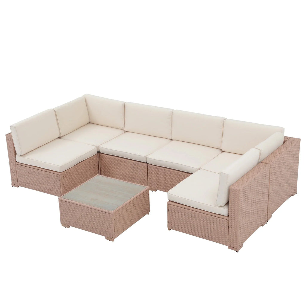 Ensemble de canapé modulaire d’extérieur rembourré en osier et acier, 7 pièces