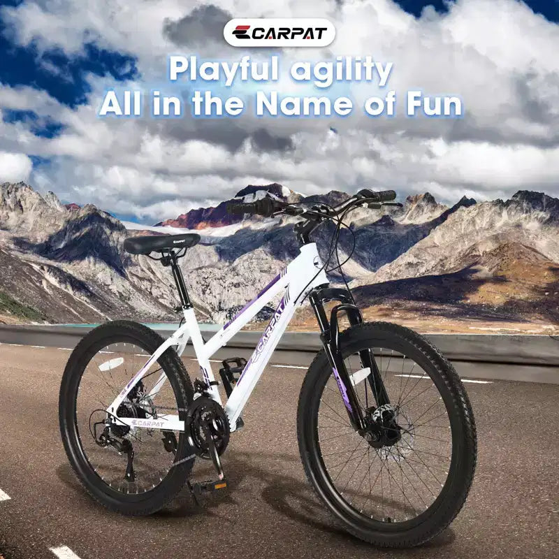Mountain bike Okak da 24/26 pollici con 21 velocità e freni a doppio disco, bicicletta per bambini con sospensione anteriore da 100 mm, bici da sterrato per adolescenti e donne