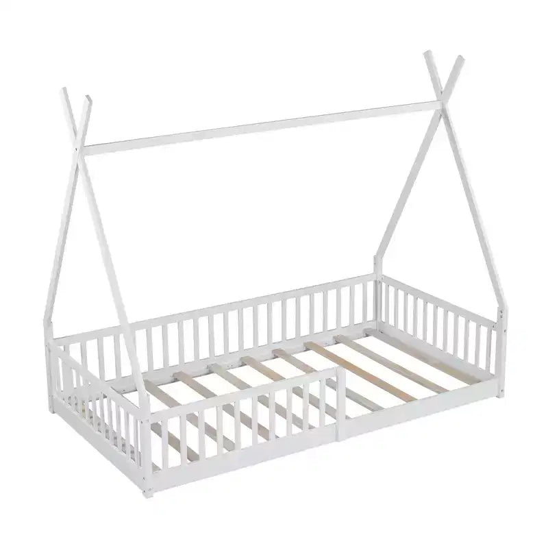 Cama de chão para crianças, camas-tenda individuais, cama de chão Montessori com ripas e grades de proteção, estrutura de cama-casa de madeira para meninos e meninas