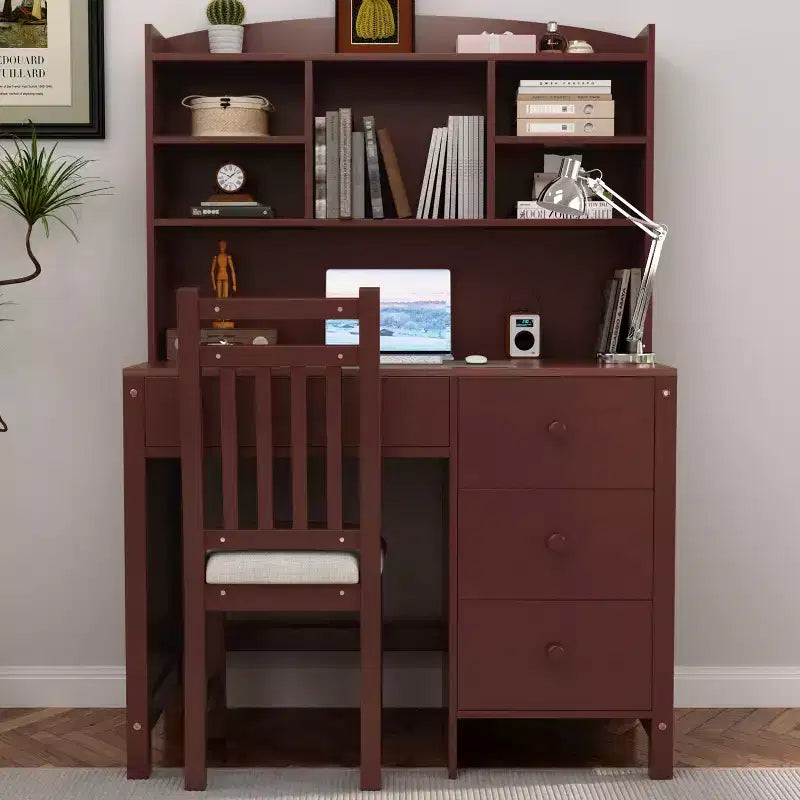 Okak moderne houten bureau voor kantoor aan huis met bureaublad, stoel en boekenkast, opbergbureau voor tieners en studenten om te studeren en schrijven, voor studie en kantoor