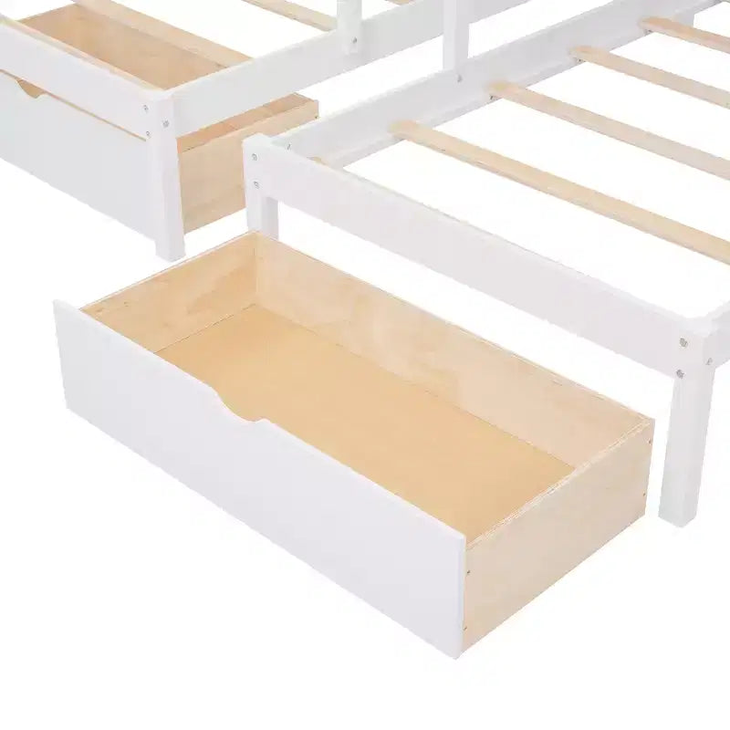 Cama em beliche Whisen Full sobre Twin & Twin, cama tripla de madeira com gavetas e guardas de proteção