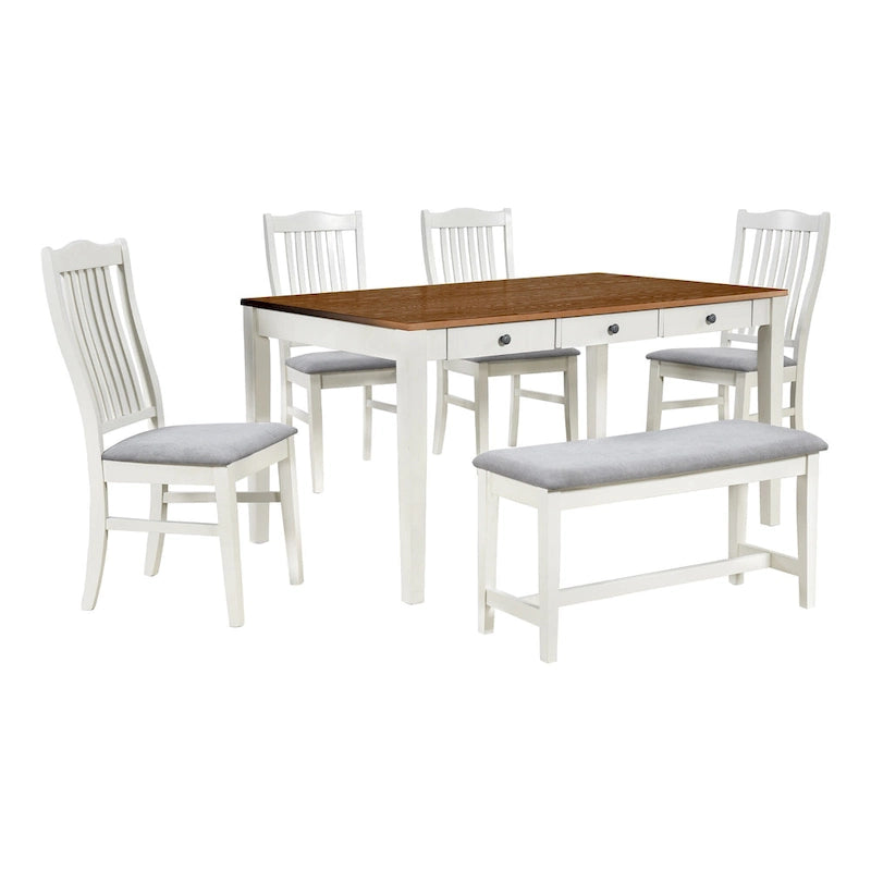 6-teiliges Esszimmer-Set aus Holz mit 4 Stühlen und Bank, Tisch mit Schublade