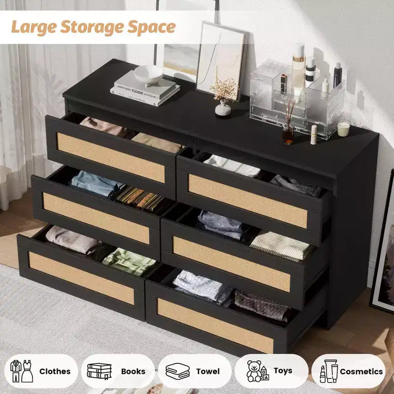 Cómoda de rattan para quarto com 6 gavetas, cómoda larga de estilo quinta moderno de 47, armário organizador de arrumação em madeira para closet, sala de estar e corredor