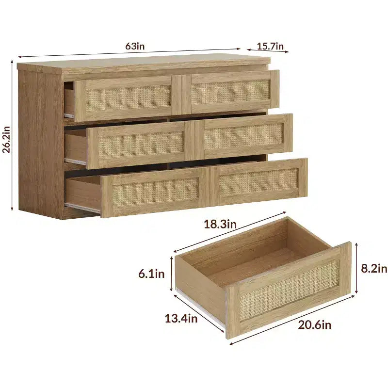 Cómoda de rattan para quarto com 6 gavetas, cómoda larga de estilo quinta moderno de 47, armário organizador de arrumação em madeira para closet, sala de estar e corredor