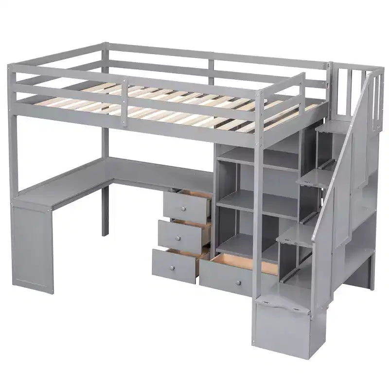 Hochbett in Twin-Größe mit L-förmigem Schreibtisch, 3 Schubladen, Schrank und Stauraum in der Treppe, Konstruktion aus massivem Kiefernholz/MDF