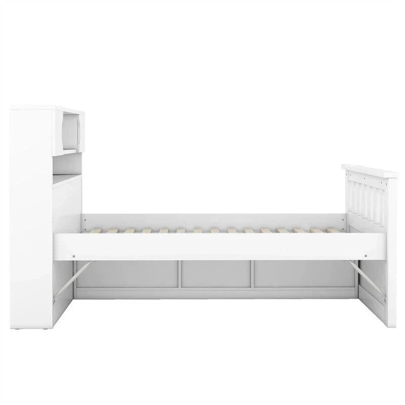 Cama de plataforma tipo capitão Twin/Full com 4 gavetas e prateleiras de arrumação, estrutura de cama em madeira maciça com cabeceira-estante para arrumação
