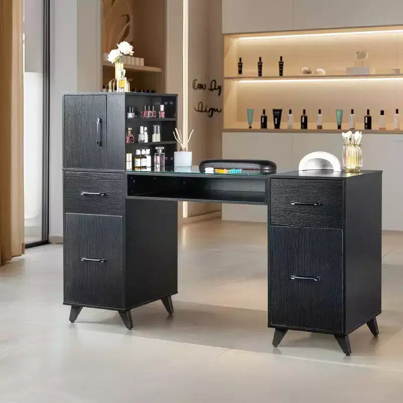 Mesa de manicure moderna preta/rosa com tampo de vidro e apoio para os pulsos, estação individual