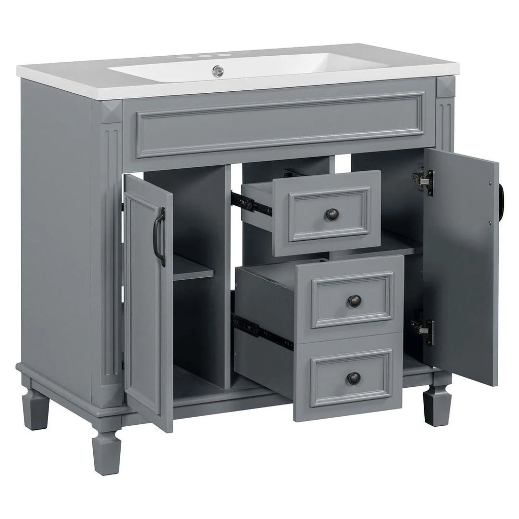 Moderne badkamermeubelset van 36 inch met wastafelblad, spiegelkast, 2 deuren en 2 laden