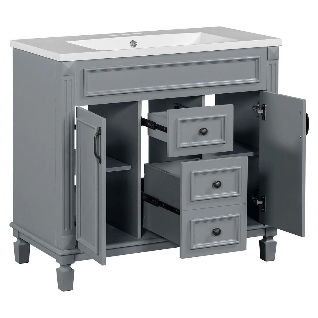 Moderne badkamermeubelset van 36 inch met wastafelblad, spiegelkast, 2 deuren en 2 laden