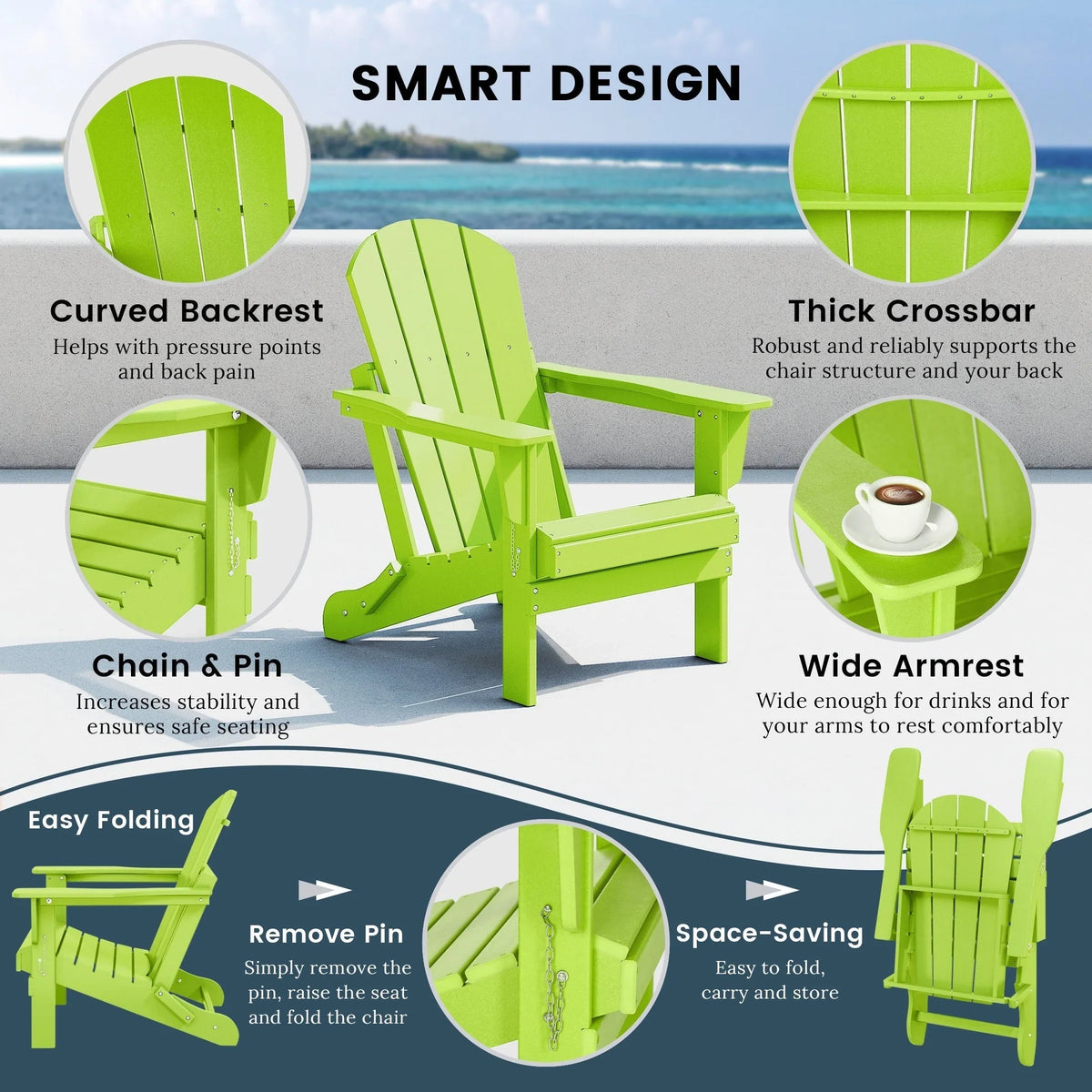 Polytrends Laguna Fade Resistant All Weather Outdoor Patio Folding Adirondack Chair