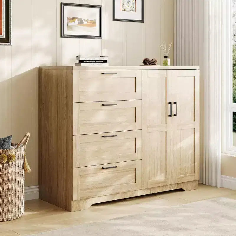 43,3 Zoll hoher Kleiderschrank aus Holz mit 4 Schubladen und Kleiderstange, multifunktionaler Aufbewahrungsschrank und Kommode für Kleidung im Schlafzimmer