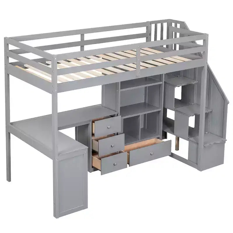 Hochbett in Twin-Größe mit L-förmigem Schreibtisch, 3 Schubladen, Schrank und Stauraum in der Treppe, Konstruktion aus massivem Kiefernholz/MDF