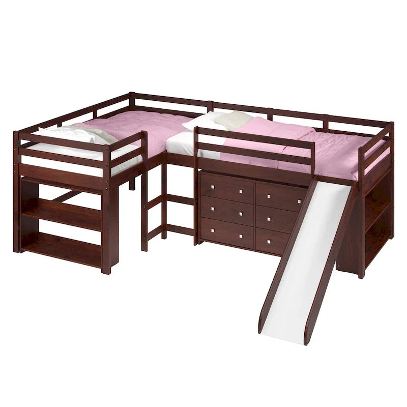 Set letto a soppalco scorrevole a L doppio Twin in color cappuccino scuro