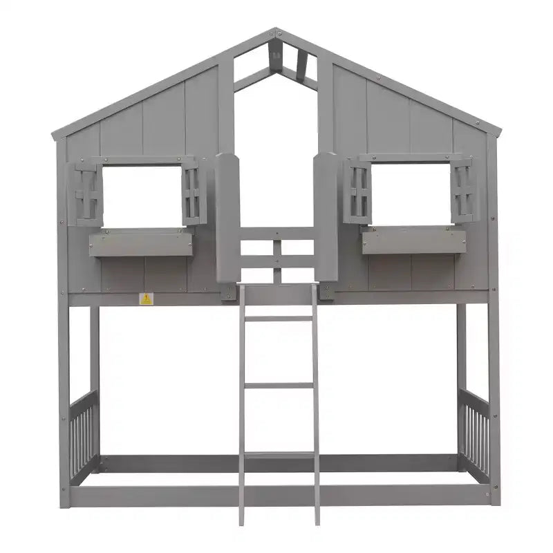 Cama alta de tamanho Twin em forma de casa, cama alta de madeira tipo casinha com escada e barreiras de proteção para crianças