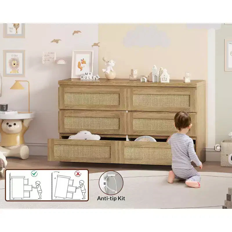 Cómoda de rattan para quarto com 6 gavetas, cómoda larga de estilo quinta moderno de 47, armário organizador de arrumação em madeira para closet, sala de estar e corredor