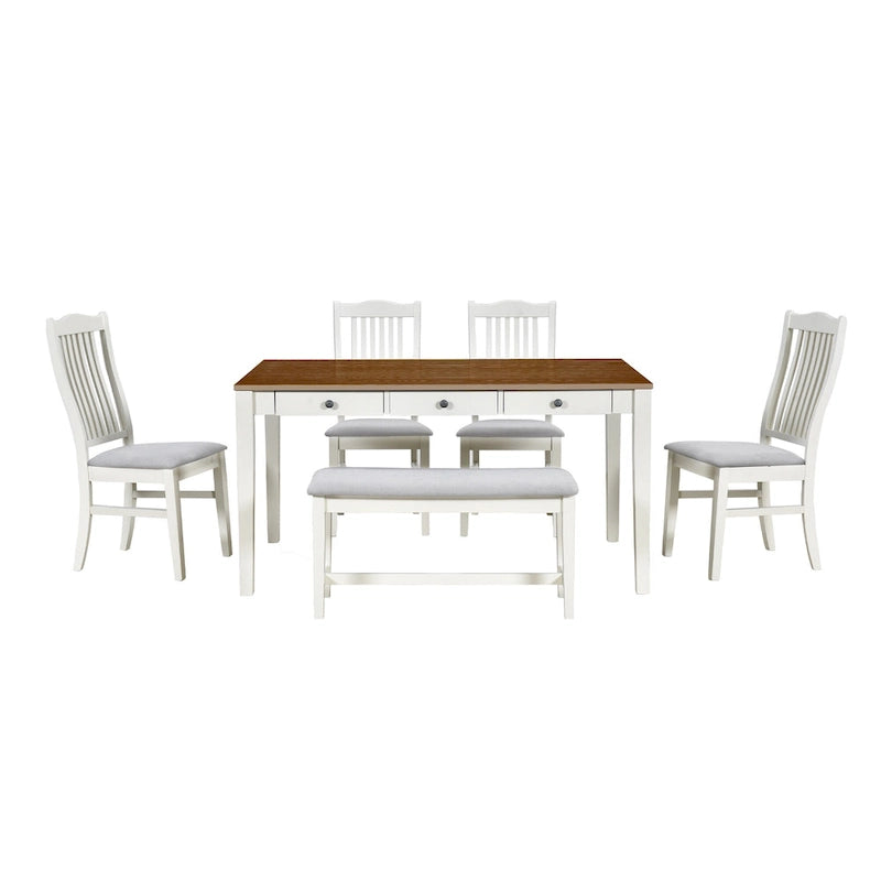 6-teiliges Esszimmer-Set aus Holz mit 4 Stühlen und Bank, Tisch mit Schublade