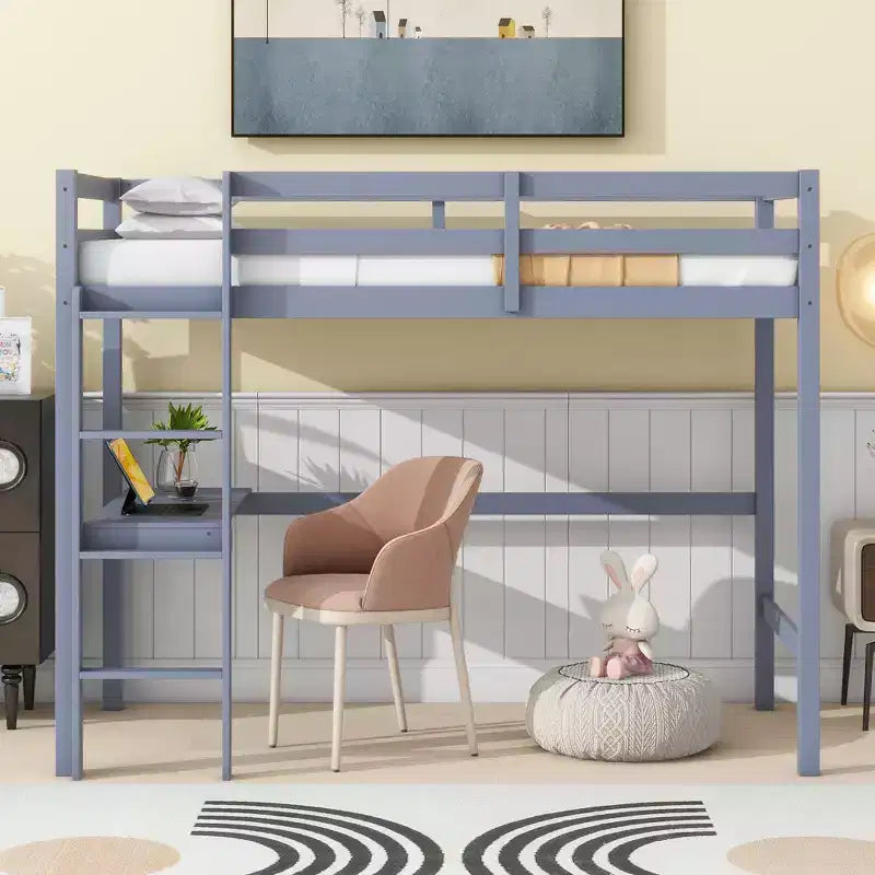 Lit mezzanine minimaliste Okak avec échelle, lit mezzanine double en bois d'hévéa avec barrière de sécurité et bureau intégré, cadres de lit pour enfants et adolescents
