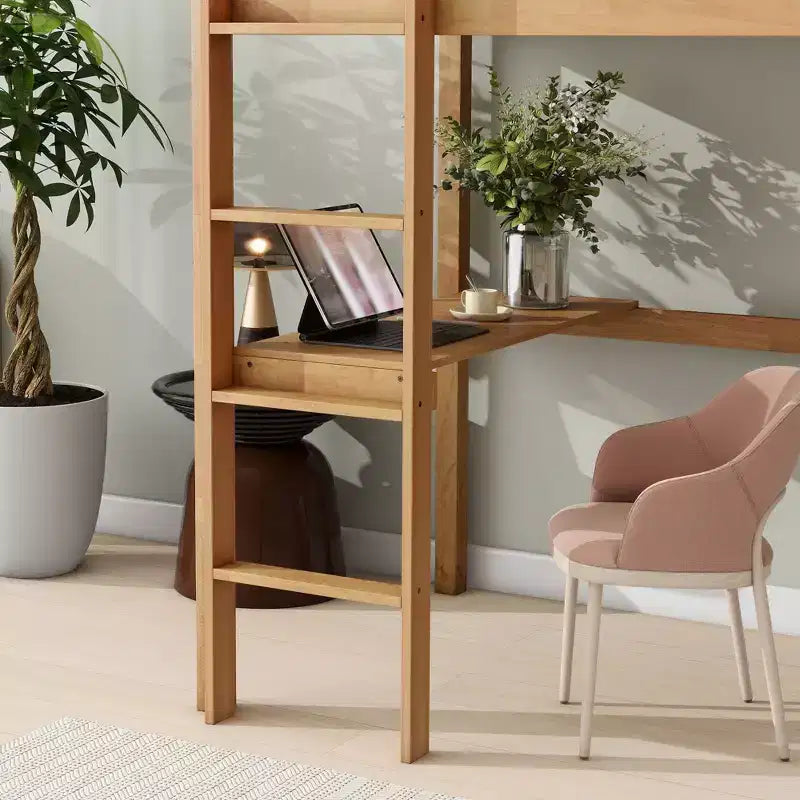 Lit mezzanine minimaliste Okak avec échelle, lit mezzanine double en bois d'hévéa avec barrière de sécurité et bureau intégré, cadres de lit pour enfants et adolescents