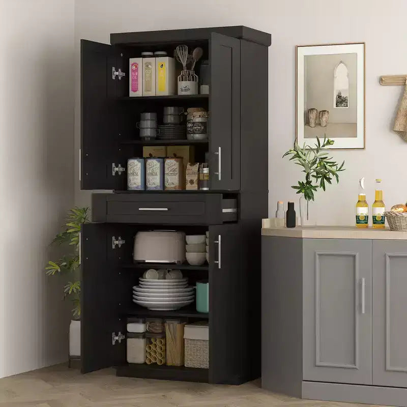 Meuble garde-manger de cuisine moderne autoportant avec portes et tiroir, étagères réglables