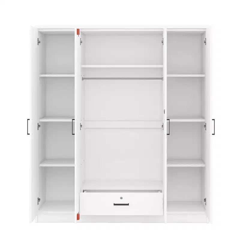 Guarda-roupa de madeira com 4 portas, varão para cabides, 1 gaveta e prateleiras de arrumação