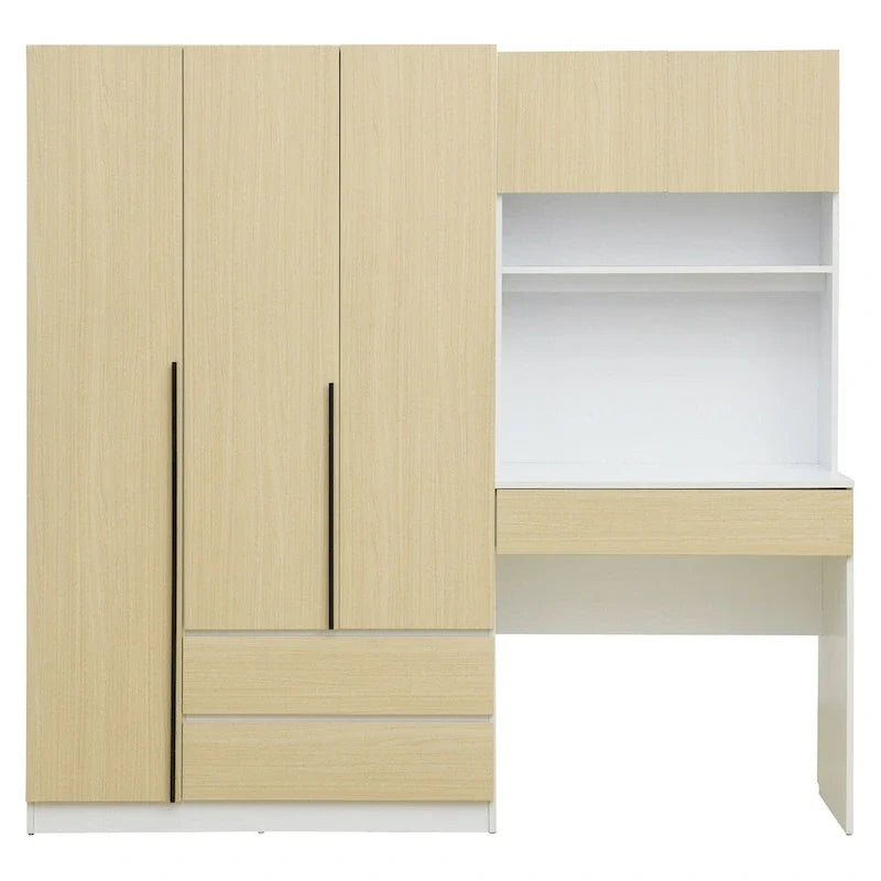 Roupeiro 3 em 1 com mesa de maquilhagem, conjunto de secretária, armário de quarto com 2 gavetas, 3 portas e espaço de arrumação