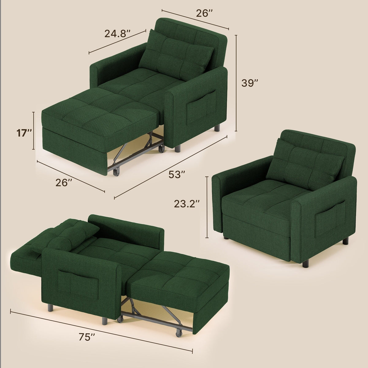 Sofá-cama ajustável 3 em 1, sofá-cadeira extraível, cama dobrável convertível para a sala de estar