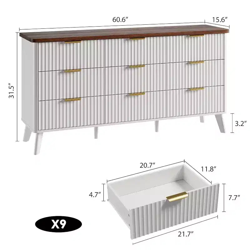Komoda s 9 rýhovanými zásuvkami, moderní skříňka, dřevěná komoda pod TV, design se zaobleným profilem do obývacího pokoje nebo chodby