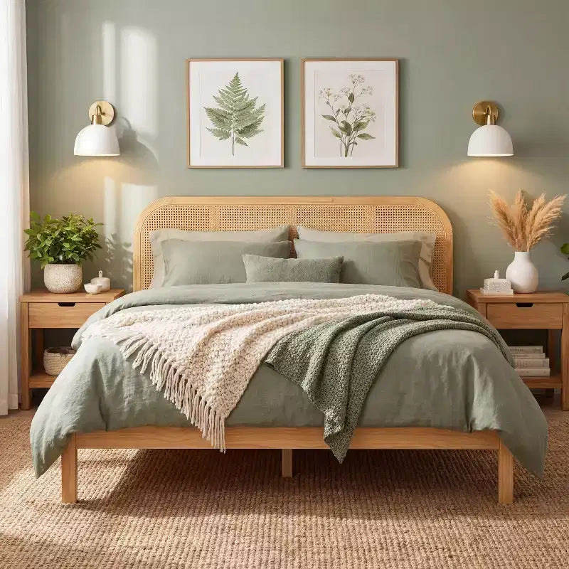 Estrutura de cama de plataforma em madeira Christopher Knight Home Callahan, moderna, estilo boho, com cabeceira em rattan