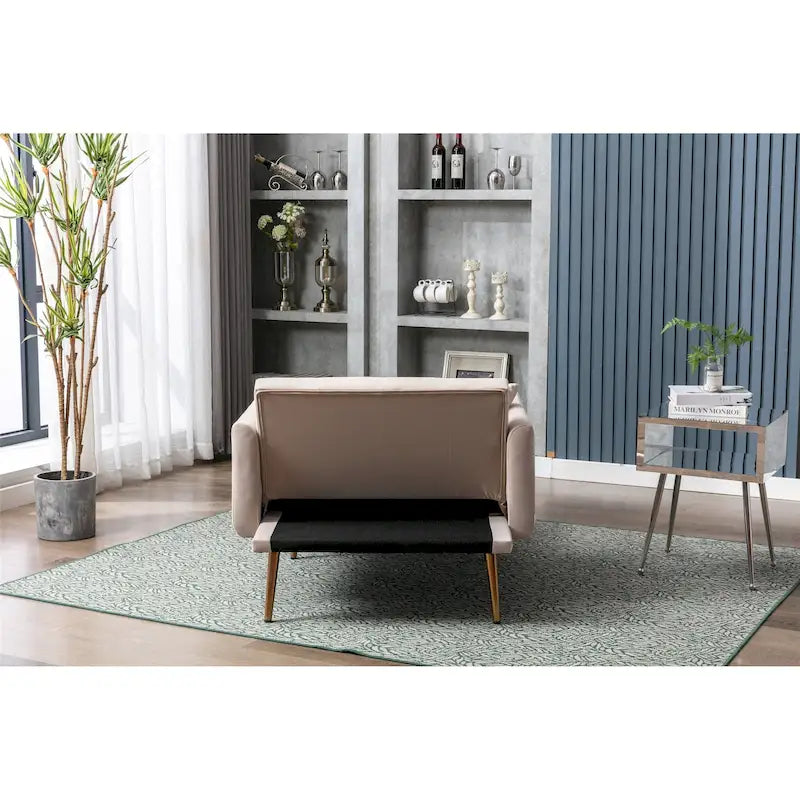 Poltrona letto in velluto imbottito e trapuntato per soggiorno, con gambe color oro rosato