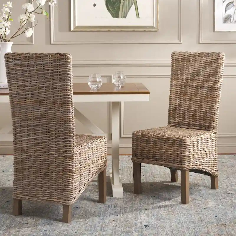 Set aus 2 Esszimmerstühlen aus natürlichem Flechtwerk, 19 B × 22 T × 41 H, Boho-Küstenstil