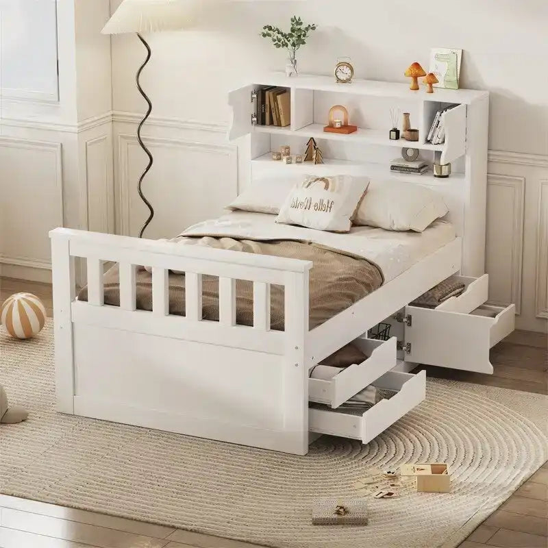 Cama de plataforma tipo capitão Twin/Full com 4 gavetas e prateleiras de arrumação, estrutura de cama em madeira maciça com cabeceira-estante para arrumação