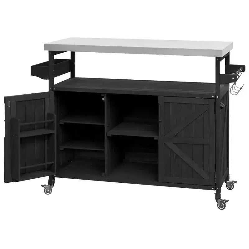 Okak Outdoor-Kücheninsel mit Edelstahlplatte, Küchenwagen aus Holz mit Türen, Regalen und Gewürzablage, rollbare Kücheninsel