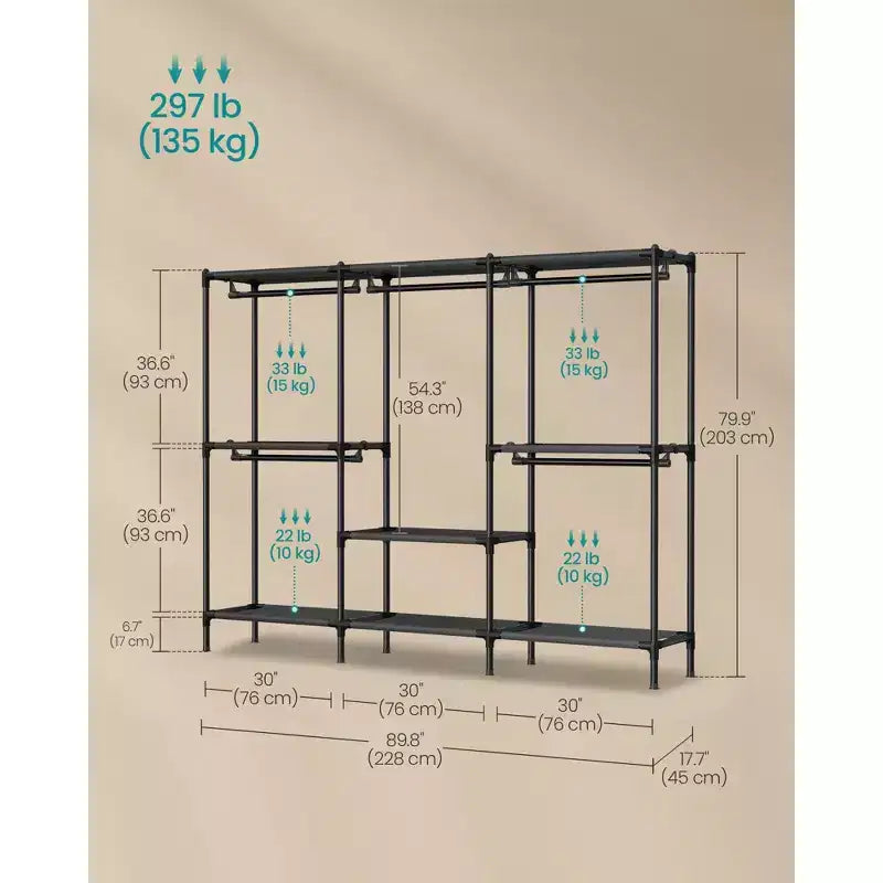 SONGMICS Roupeiro organizador resistente com barras para cabides e prateleiras, carga total de 297 lb, fácil de montar, preto-tinta