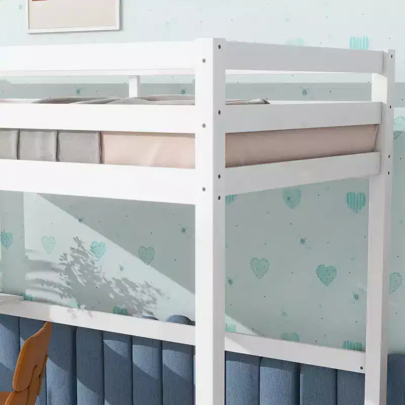 Lit mezzanine minimaliste Okak avec échelle, lit mezzanine double en bois d'hévéa avec barrière de sécurité et bureau intégré, cadres de lit pour enfants et adolescents