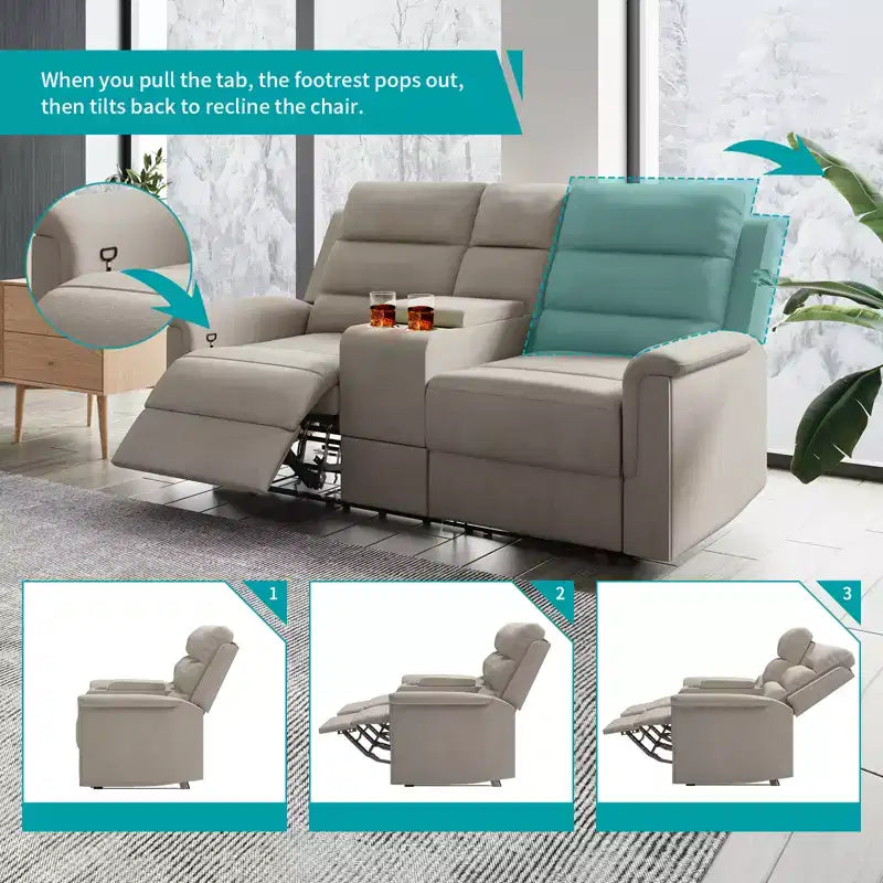 Beżowo-szara rozkładana sofa dwuosobowa z tkaniny technicznej, z regulowanym oparciem i podnóżkiem