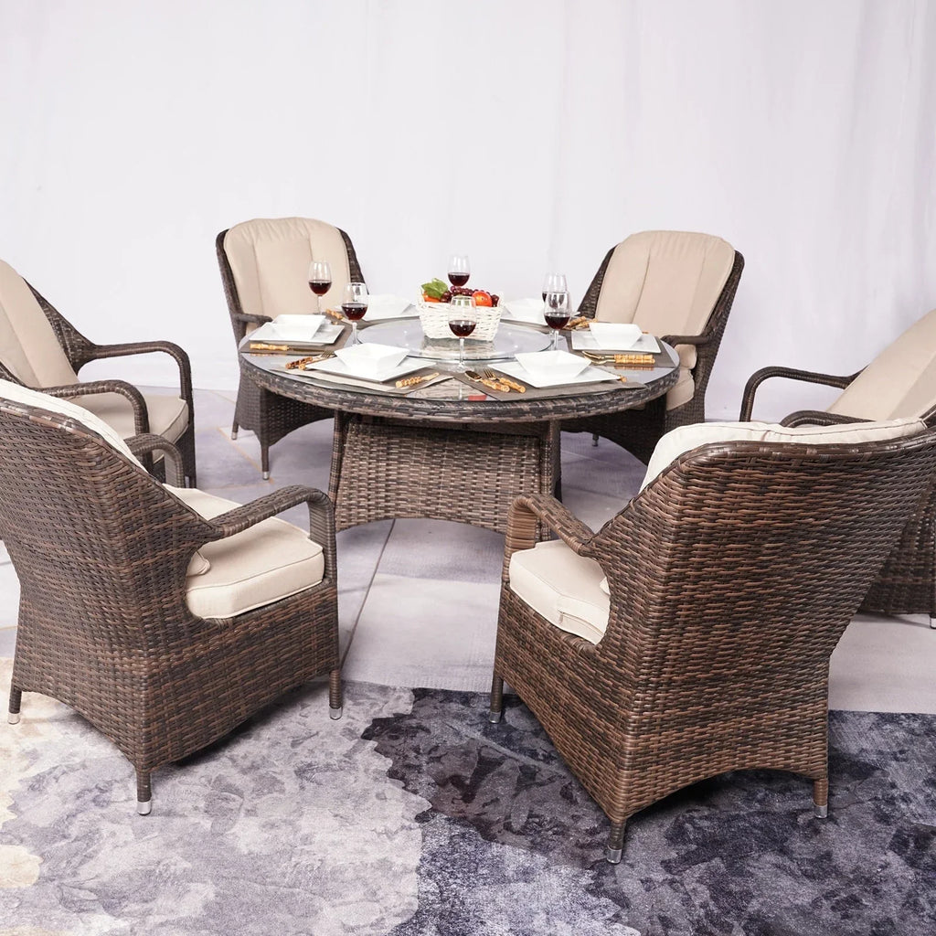 7 Pieces Outdoor Rattan Wicker Patio Round Dining Set with Cushions by Moda Furnishings