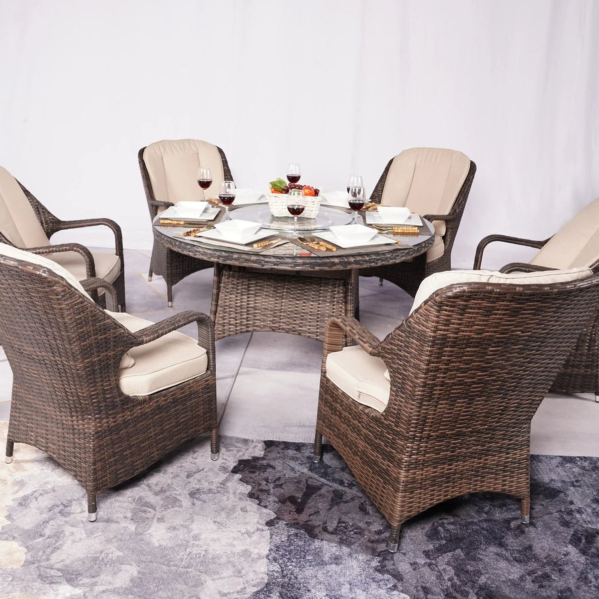 7 Pieces Outdoor Rattan Wicker Patio Round Dining Set with Cushions by Moda Furnishings