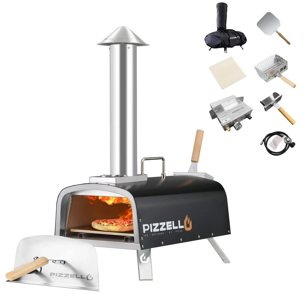 Forno de pizza exterior multicombustível, máquina de pizza de pedra com queimador a gás e caixa para lenha - 12 polegadas