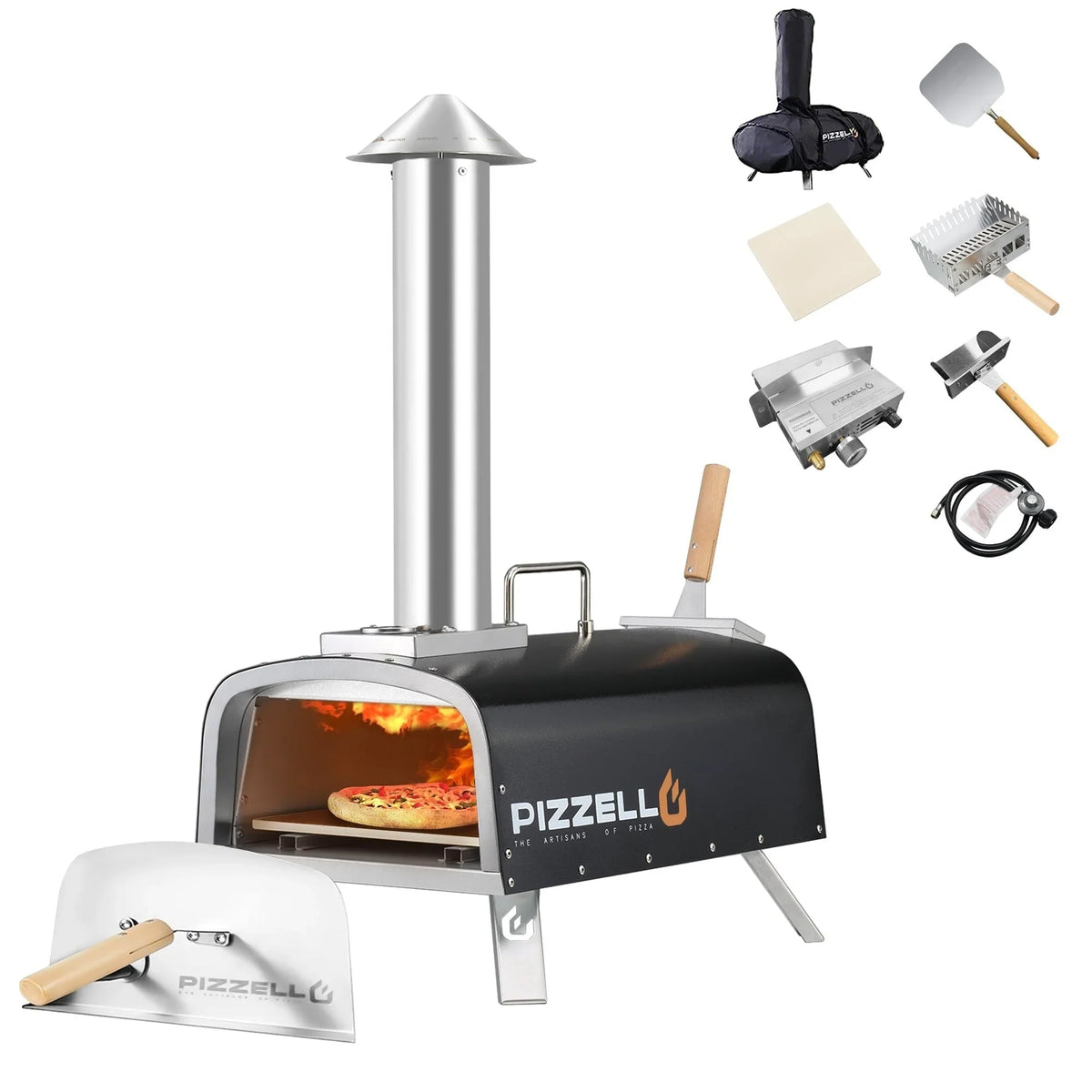 Forno de pizza exterior multicombustível, máquina de pizza de pedra com queimador a gás e caixa para lenha - 12 polegadas