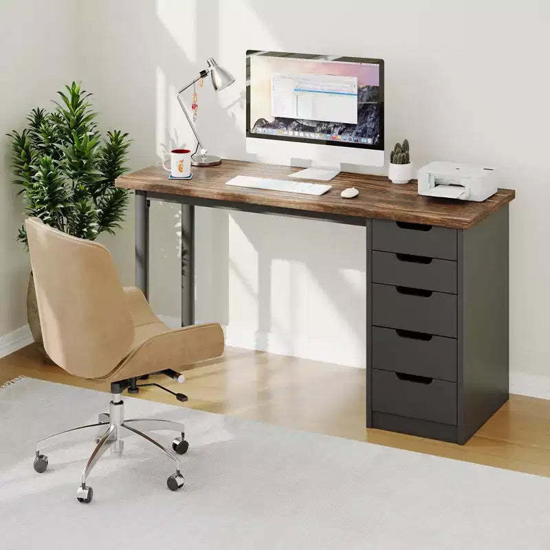 Secretária para computador de 47 polegadas com 5 gavetas de arrumação, mesa de estudo e escrita moderna de estilo rústico reversível, estação de trabalho para escritório em casa para espaços pequenos