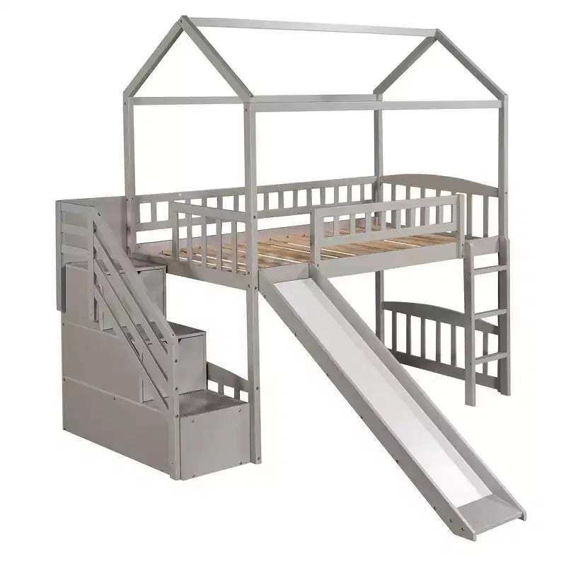 Cama alta tipo casa Twin com escorrega e escadas, cama alta com gavetas de arrumação, cama alta de madeira tipo cabana para crianças e bebés