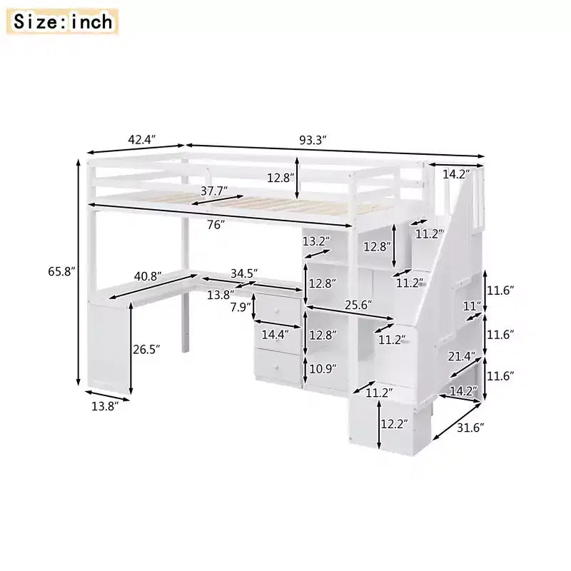 Hochbett in Twin-Größe mit L-förmigem Schreibtisch, 3 Schubladen, Schrank und Stauraum in der Treppe, Konstruktion aus massivem Kiefernholz/MDF