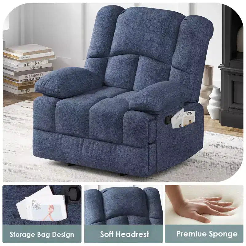 Cadeirão reclinável de baloiço extragrande azul, com revestimento em chenille