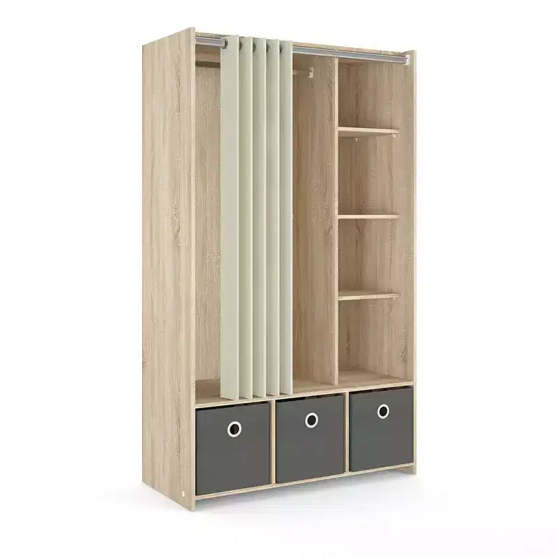 Tvilum, armoire Lola à 3 compartiments avec rideau, structure en chêne/tissu naturel/textile gris