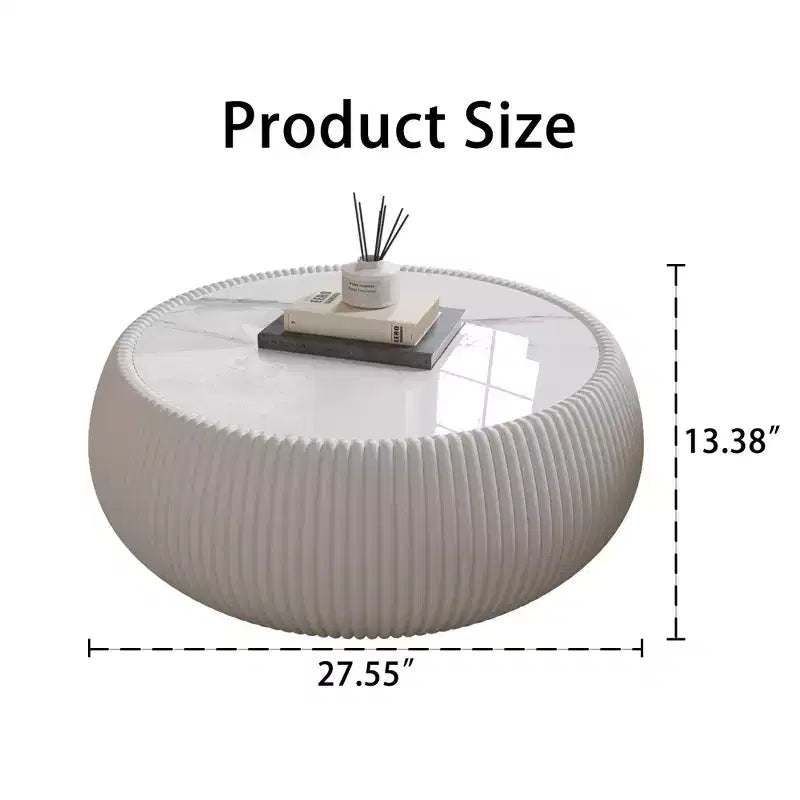 Mesa de centro redonda moderna Okak em forma de tambor, com tampo de mármore e laterais de couro, mesa central elegante para sala de estar e quarto