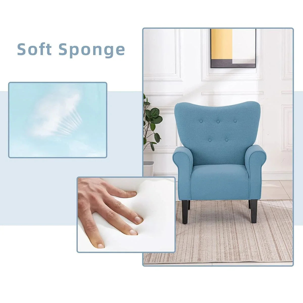 Fauteuil d’appoint moderne Erommy, fauteuil à dossier haut, canapé une place en tissu rembourré avec boutons et pieds en bois pour le salon