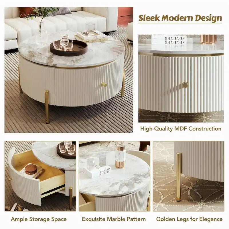 Table basse ronde moderne de 31,5 pouces avec grand espace de rangement dans le tiroir