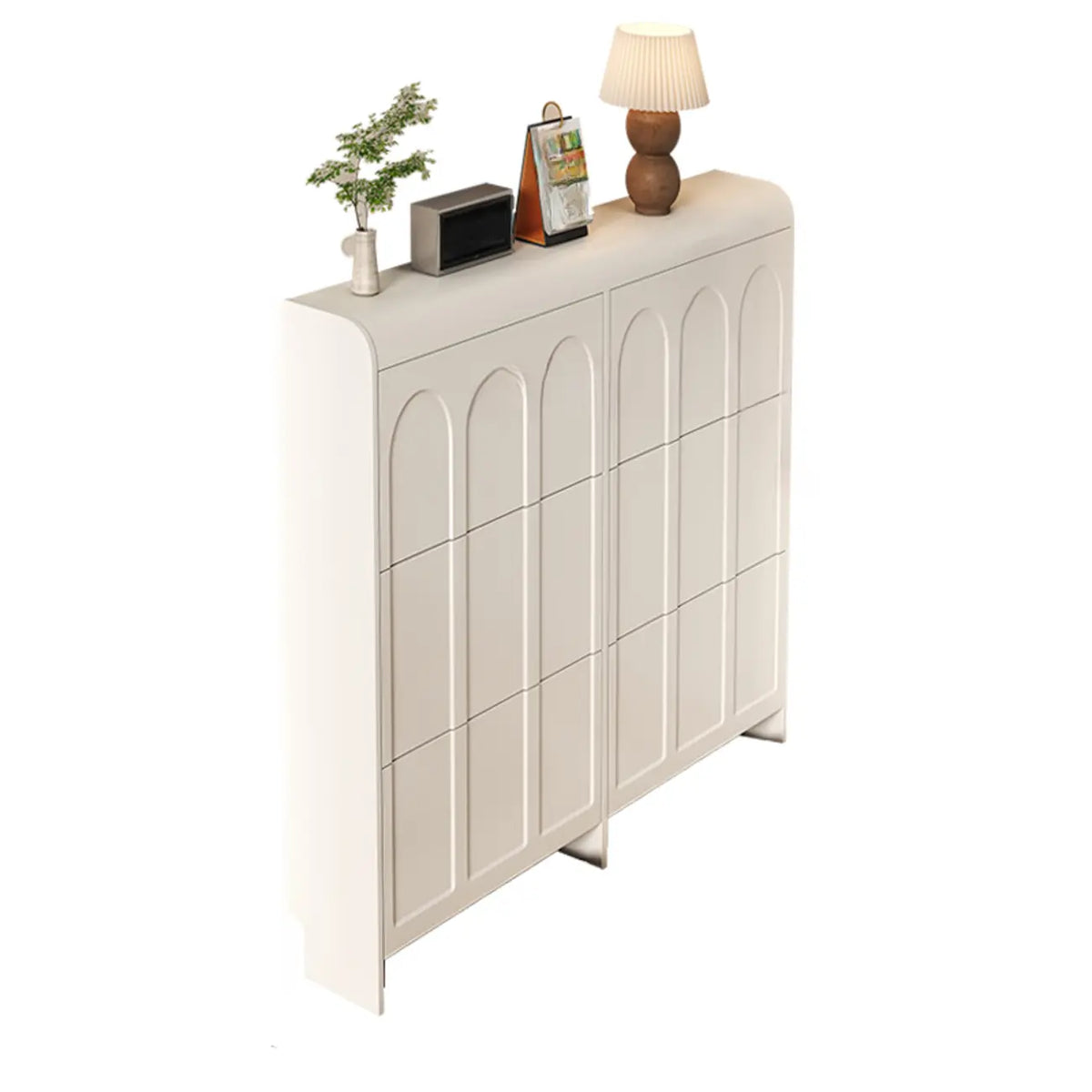 Smalle witte houten schoenenkast met 3 niveaus en neerklapbare voorklep